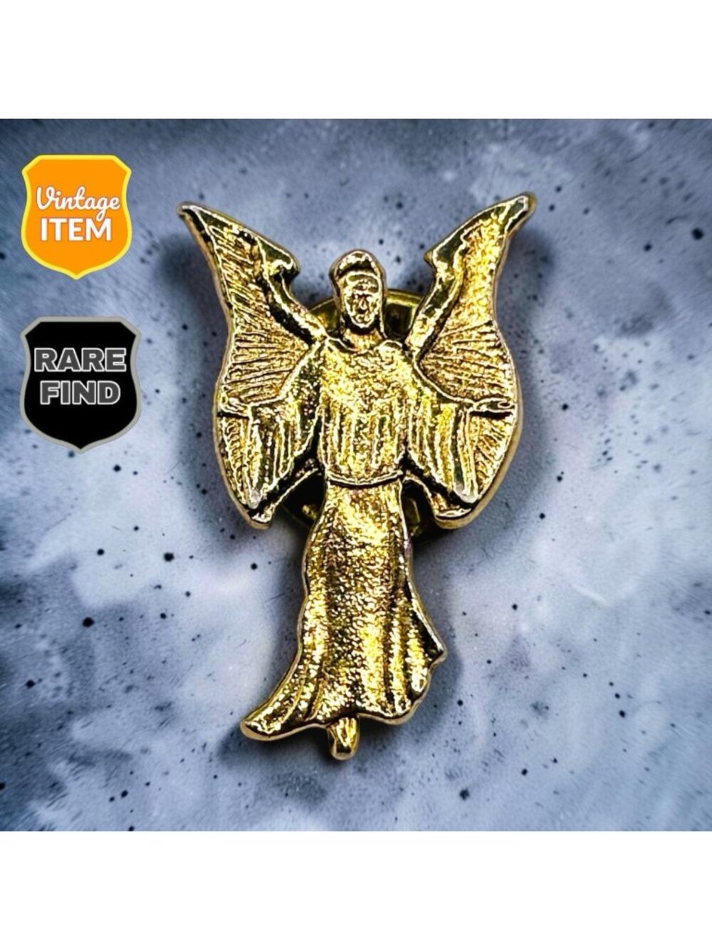 Vintage Gold Tone Guardian Angel Lapel Pin Winged Cherub Religious Brooch. RARE!